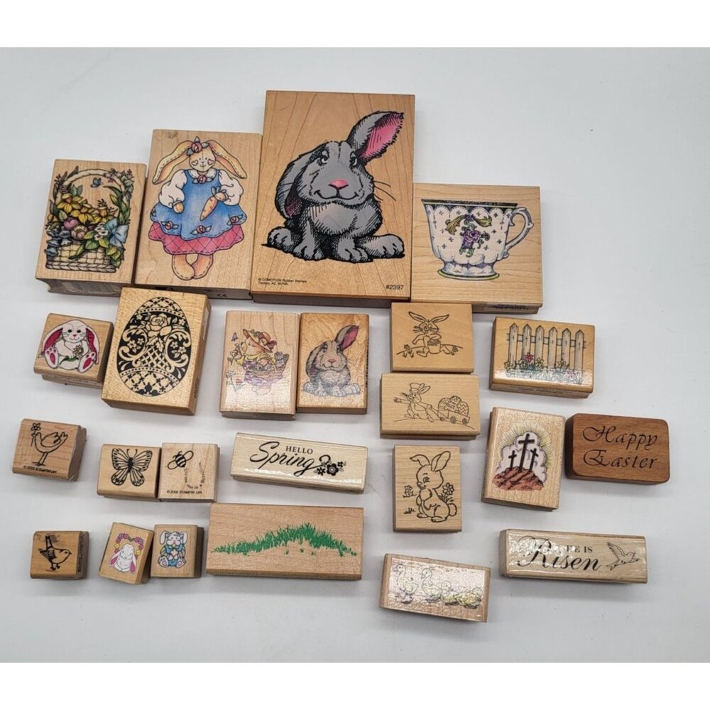 EASTER, SPRING Lot of 24 Wood Mounted Rubber Stamps Bunny Ducks Egg Religious - Picture 1 of 7